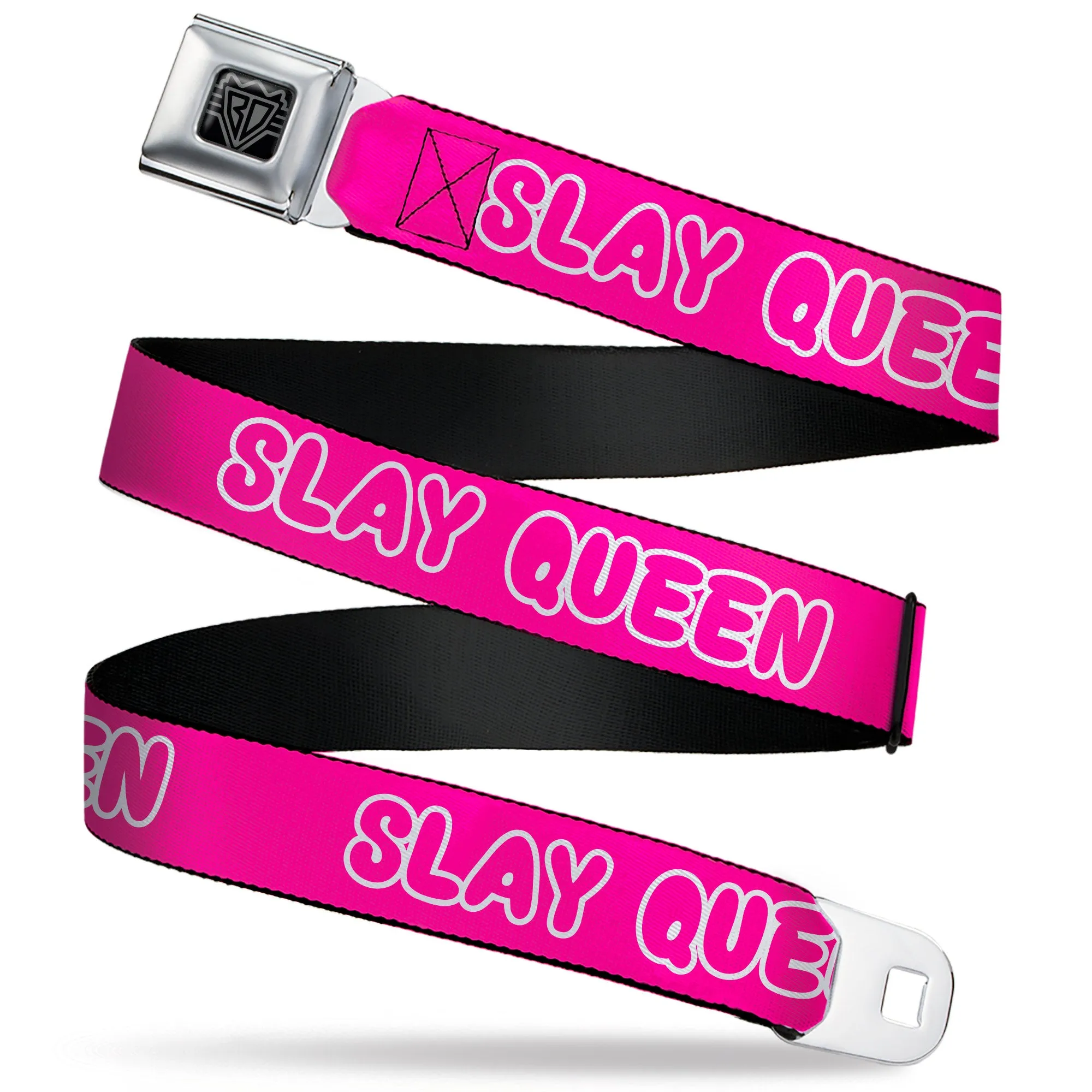 BD Wings Logo CLOSE-UP Black/Silver Seatbelt Belt - SLAY QUEEN Bubble Text Pink/White Webbing