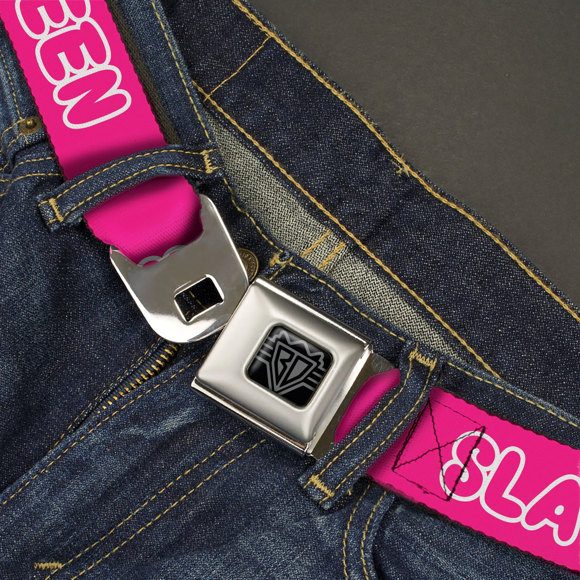 BD Wings Logo CLOSE-UP Black/Silver Seatbelt Belt - SLAY QUEEN Bubble Text Pink/White Webbing