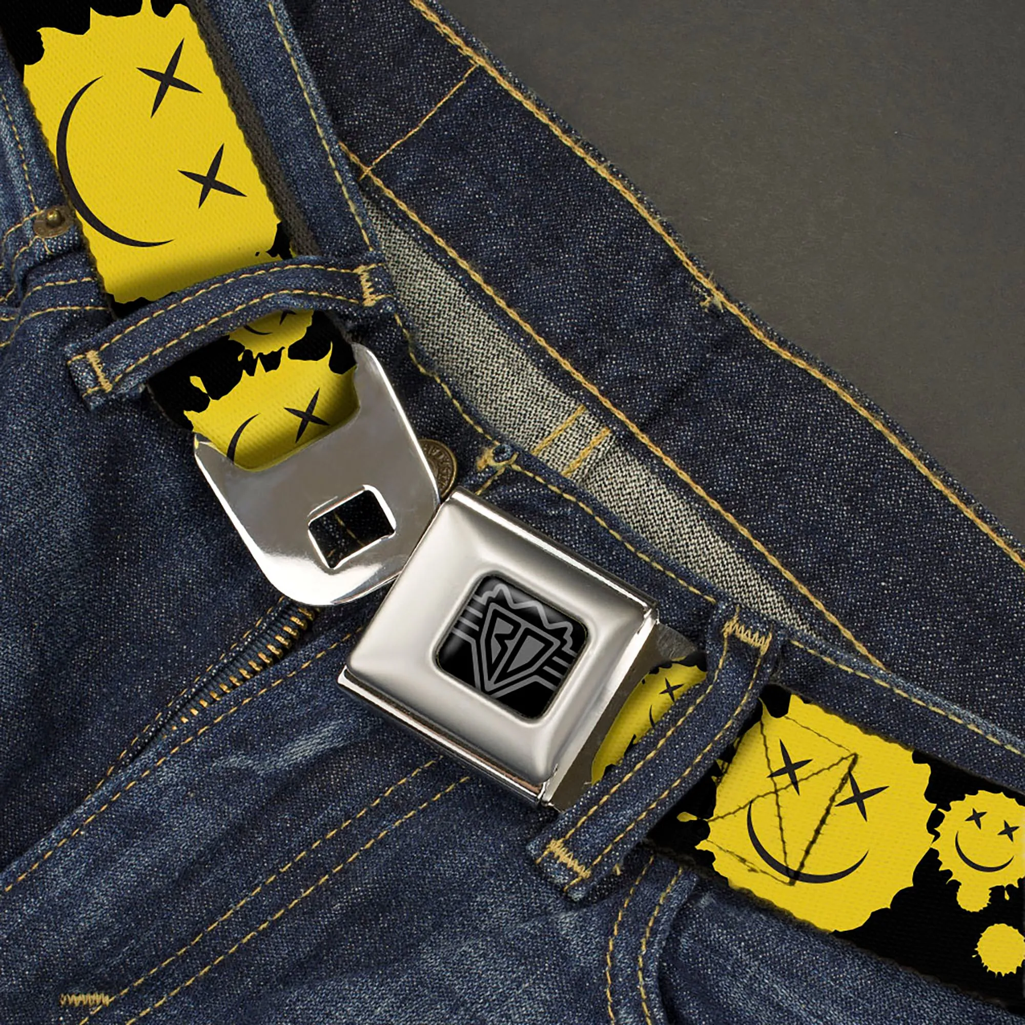 BD Wings Logo CLOSE-UP Black/Silver Seatbelt Belt - Smiley Face Splatter Scattered Black/Yellow Webbing