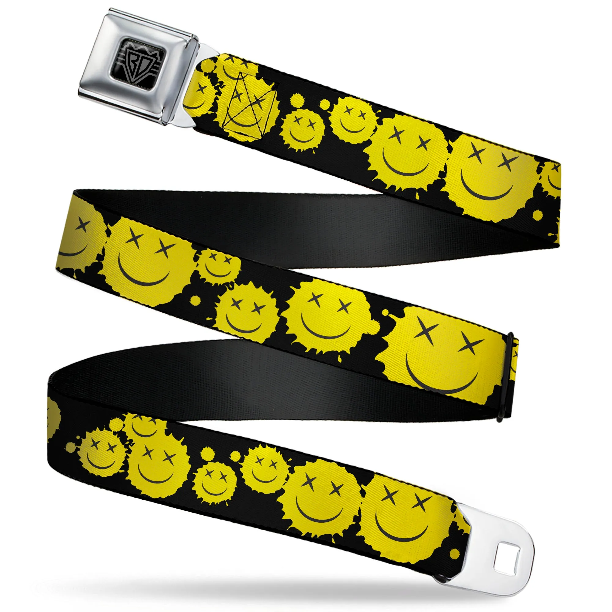 BD Wings Logo CLOSE-UP Black/Silver Seatbelt Belt - Smiley Face Splatter Scattered Black/Yellow Webbing