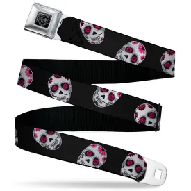 BD Wings Logo CLOSE-UP Black/Silver Seatbelt Belt - Sugar Skulls Scattered Black/White/Fuchsia Webbing