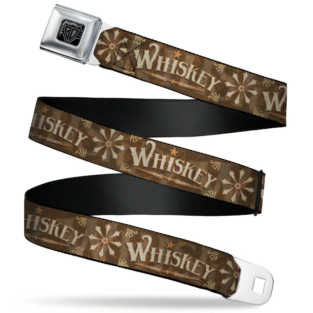 BD Wings Logo CLOSE-UP Black/Silver Seatbelt Belt - Western WHISKEY Star with Text Shadow Repeat Browns/Tan Webbing