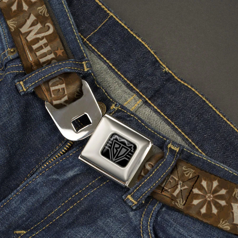 BD Wings Logo CLOSE-UP Black/Silver Seatbelt Belt - Western WHISKEY Star with Text Shadow Repeat Browns/Tan Webbing