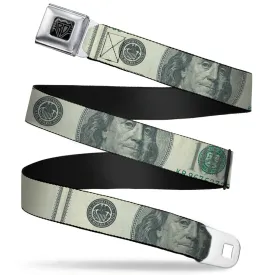 BD Wings Logo CLOSE-UP Full Color Black Silver Seatbelt Belt - 100 Dollar Bill CLOSE-UP Webbing