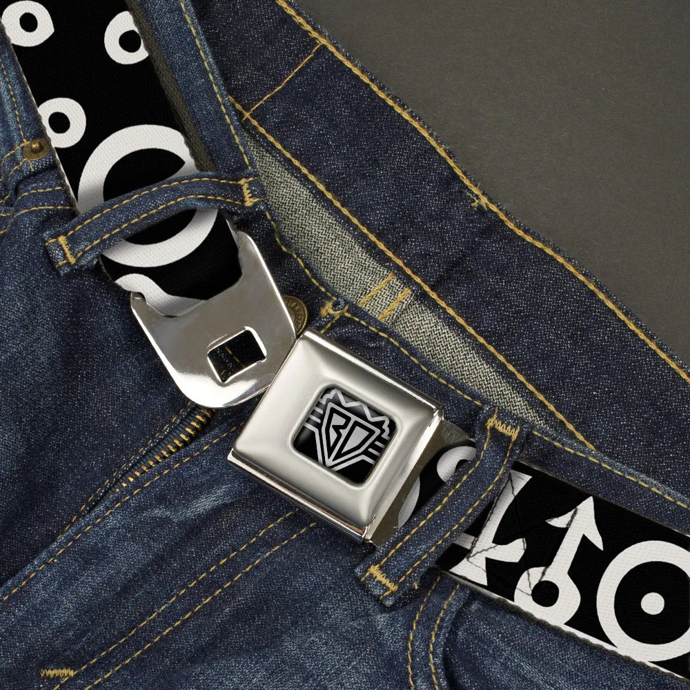 BD Wings Logo CLOSE-UP Full Color Black Silver Seatbelt Belt - Alchemy Symbols CLOSE-UP Black/White Webbing