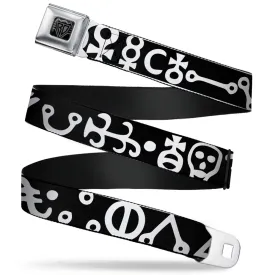 BD Wings Logo CLOSE-UP Full Color Black Silver Seatbelt Belt - Alchemy Symbols CLOSE-UP Black/White Webbing