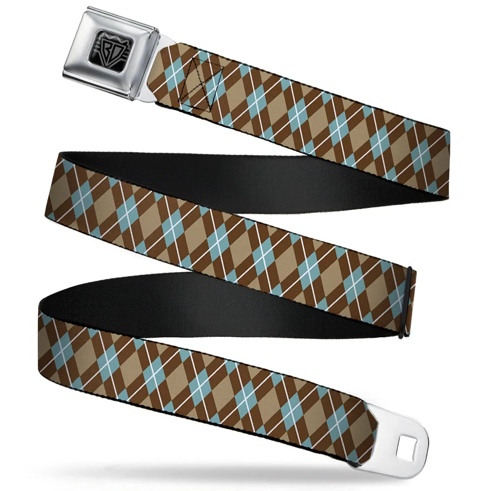 BD Wings Logo CLOSE-UP Full Color Black Silver Seatbelt Belt - Argyle Tan/Brown/Blue/White Webbing