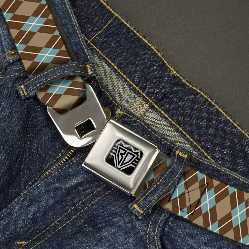 BD Wings Logo CLOSE-UP Full Color Black Silver Seatbelt Belt - Argyle Tan/Brown/Blue/White Webbing