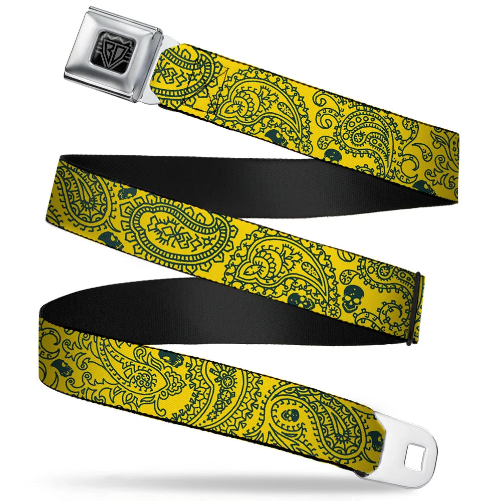 BD Wings Logo CLOSE-UP Full Color Black Silver Seatbelt Belt - Bandana/Skulls Gold/Green Webbing