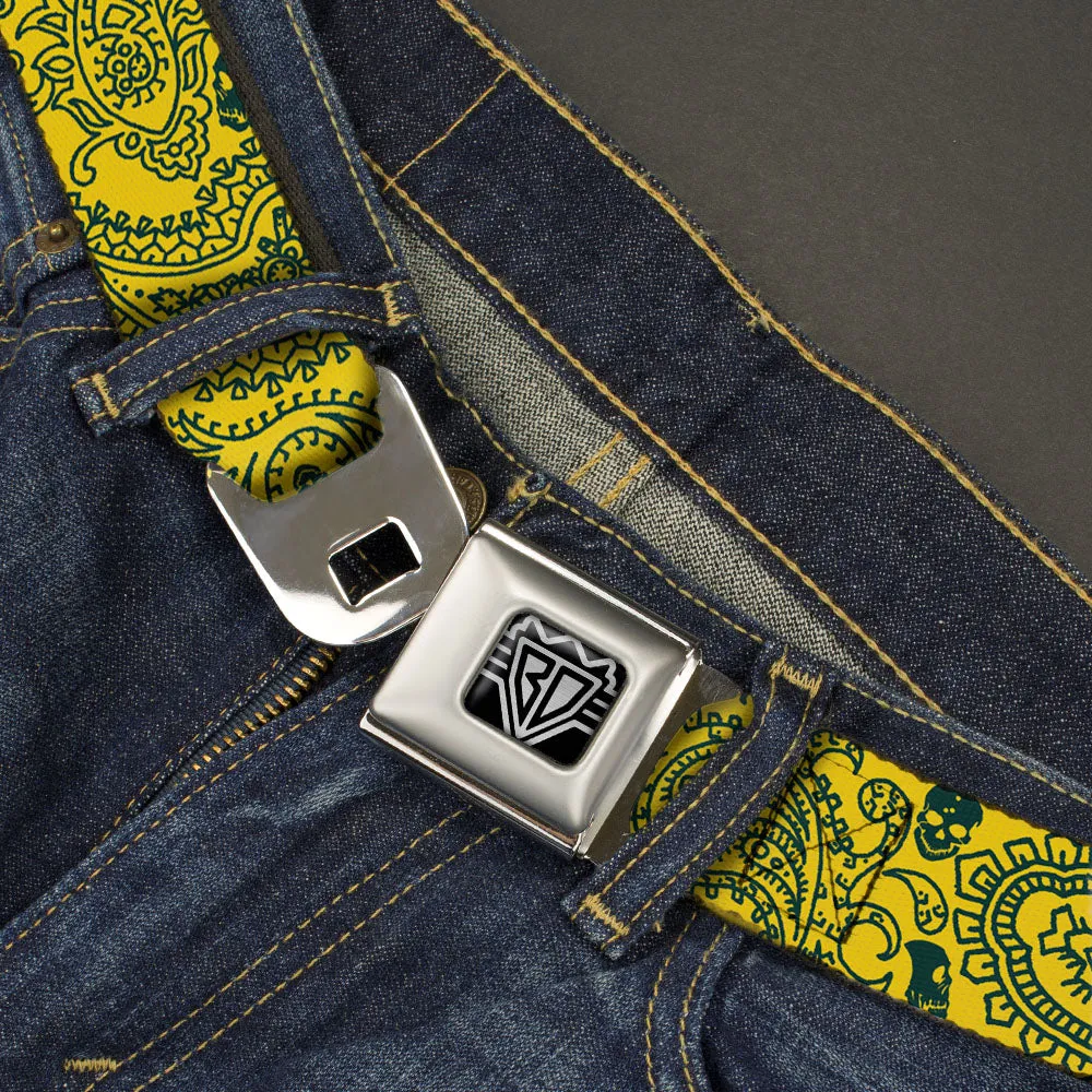 BD Wings Logo CLOSE-UP Full Color Black Silver Seatbelt Belt - Bandana/Skulls Gold/Green Webbing