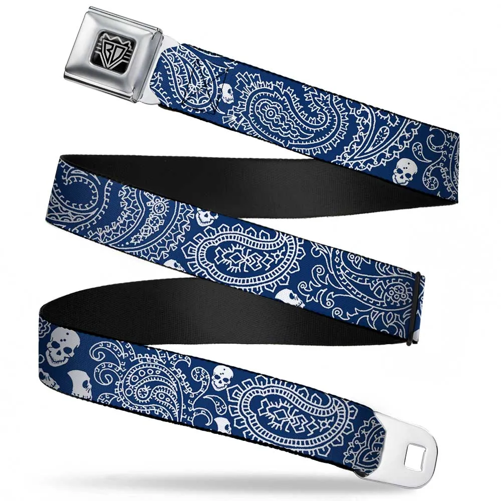 BD Wings Logo CLOSE-UP Full Color Black Silver Seatbelt Belt - Bandana/Skulls Royal/White Webbing