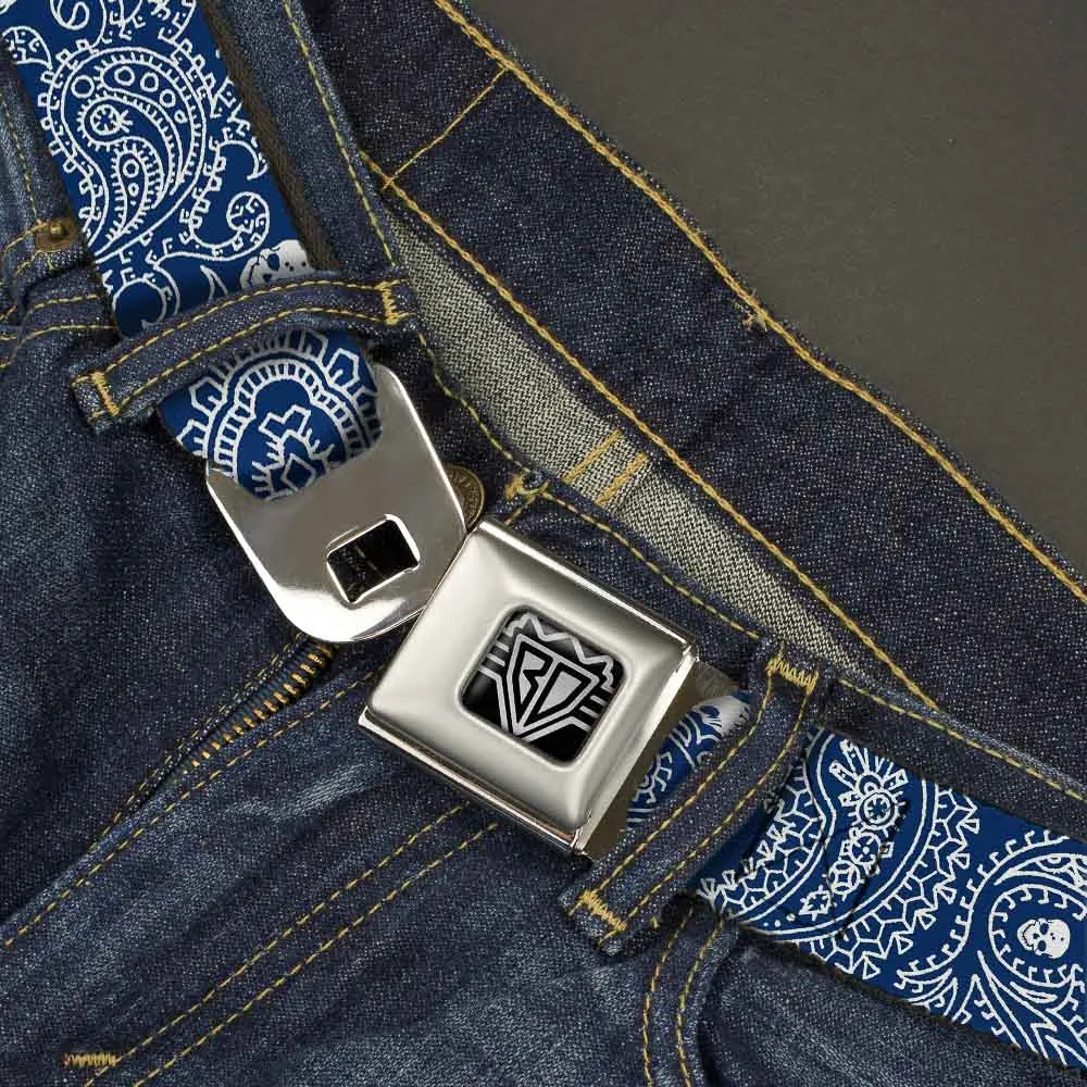 BD Wings Logo CLOSE-UP Full Color Black Silver Seatbelt Belt - Bandana/Skulls Royal/White Webbing