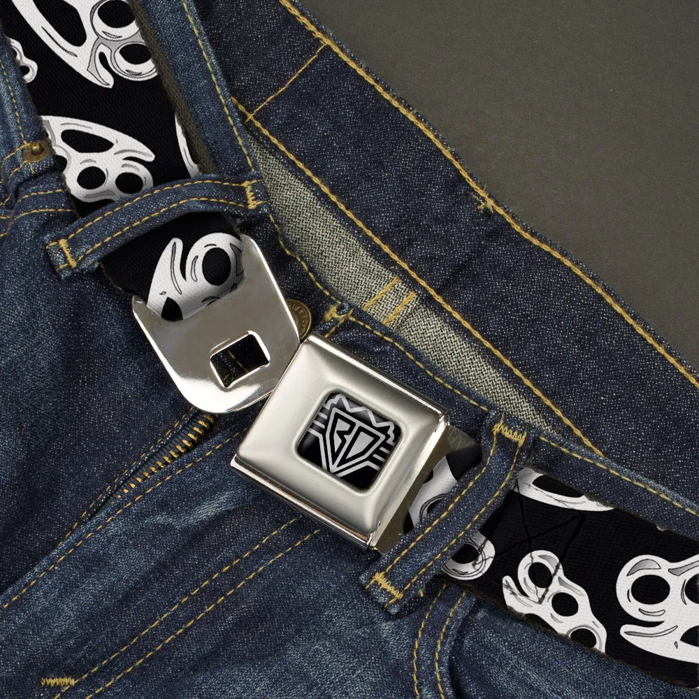 BD Wings Logo CLOSE-UP Full Color Black Silver Seatbelt Belt - Brass Knuckles/Skulls/Roses2 Black/White Webbing