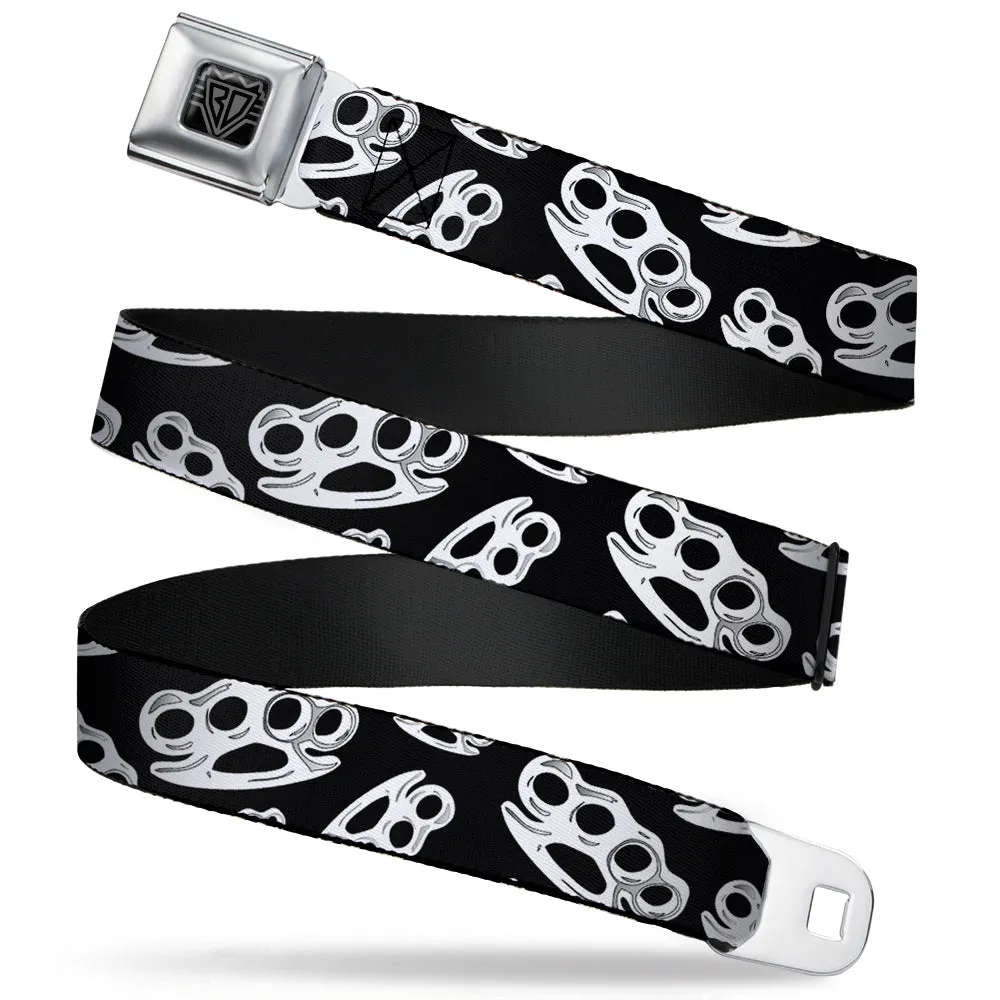 BD Wings Logo CLOSE-UP Full Color Black Silver Seatbelt Belt - Brass Knuckles/Skulls/Roses2 Black/White Webbing