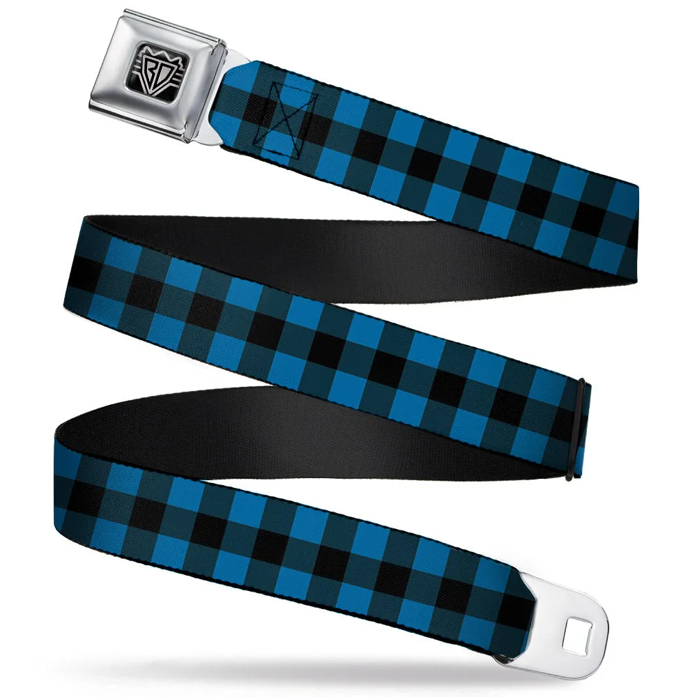 BD Wings Logo CLOSE-UP Full Color Black Silver Seatbelt Belt - Buffalo Plaid Black/Turquoise Webbing