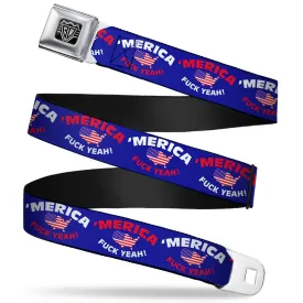 BD Wings Logo CLOSE-UP Full Color Black Silver Seatbelt Belt - 'MERICA FUCK YEAH!/USA Silhouette Blue/White/Red/US Flag Webbing