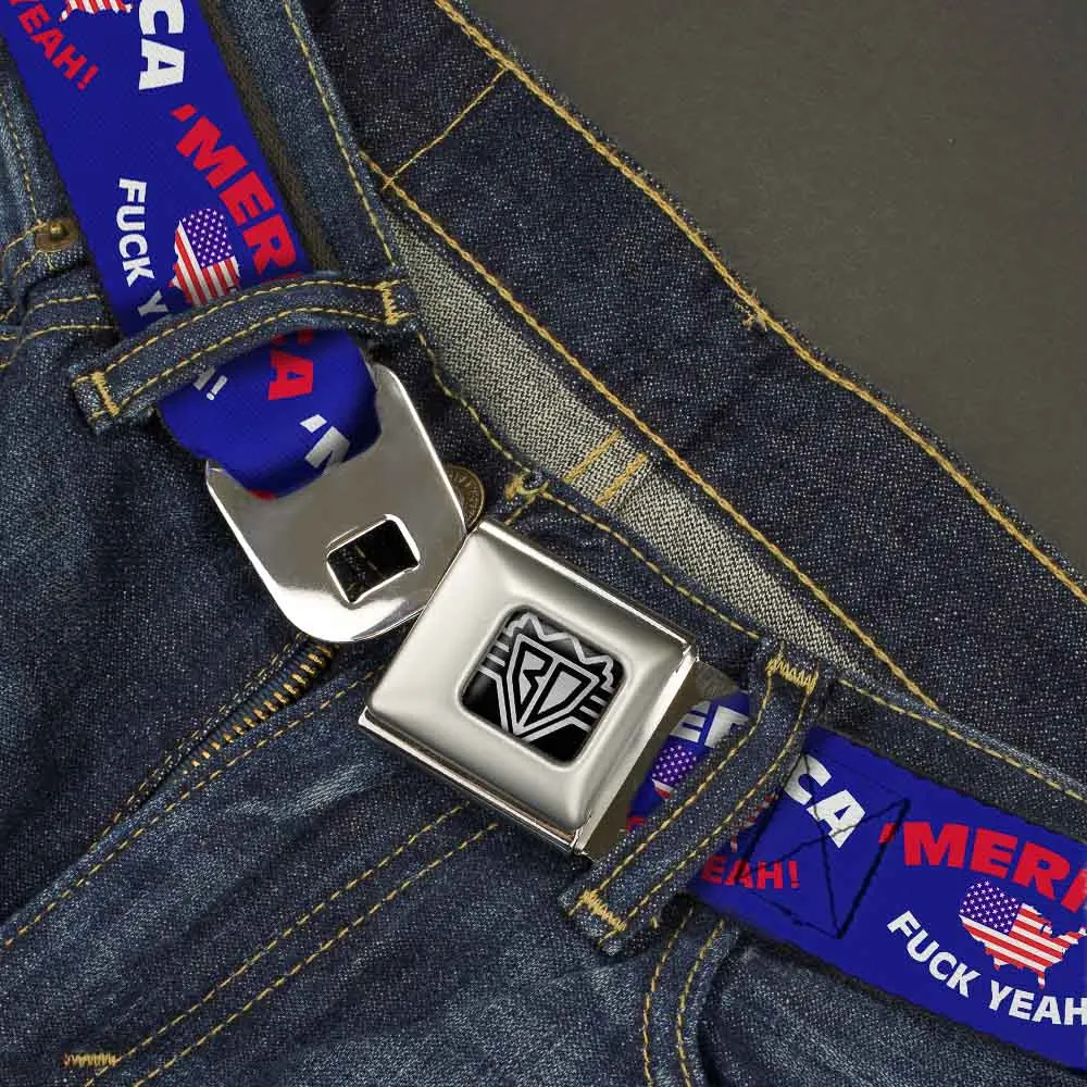 BD Wings Logo CLOSE-UP Full Color Black Silver Seatbelt Belt - 'MERICA FUCK YEAH!/USA Silhouette Blue/White/Red/US Flag Webbing