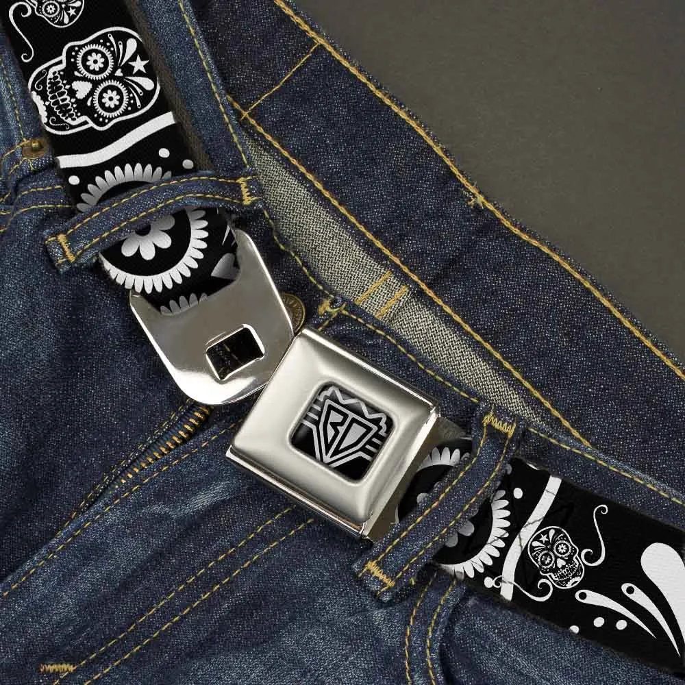 BD Wings Logo CLOSE-UP Full Color Black Silver Seatbelt Belt - Sugar Skulls Black/White Webbing by Buckle-Down