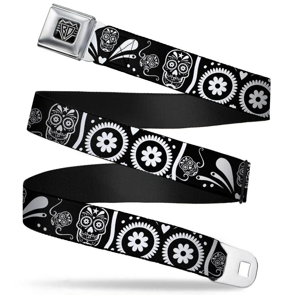 BD Wings Logo CLOSE-UP Full Color Black Silver Seatbelt Belt - Sugar Skulls Black/White Webbing by Buckle-Down