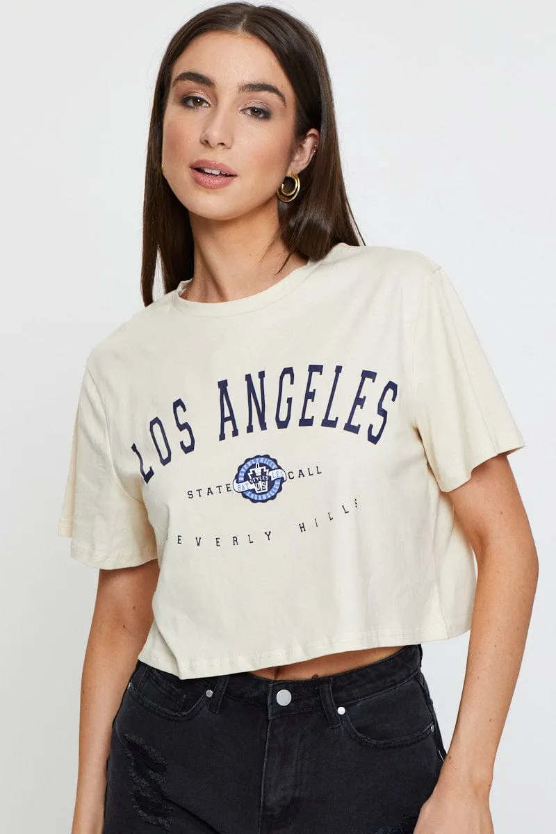 Beige Graphic T Shirt Short Sleeve Crop