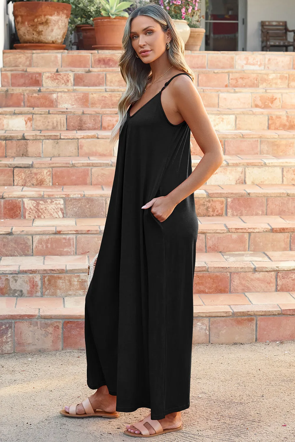 Black Adjustable Knotted Spaghetti Straps Wide Leg Jumpsuit