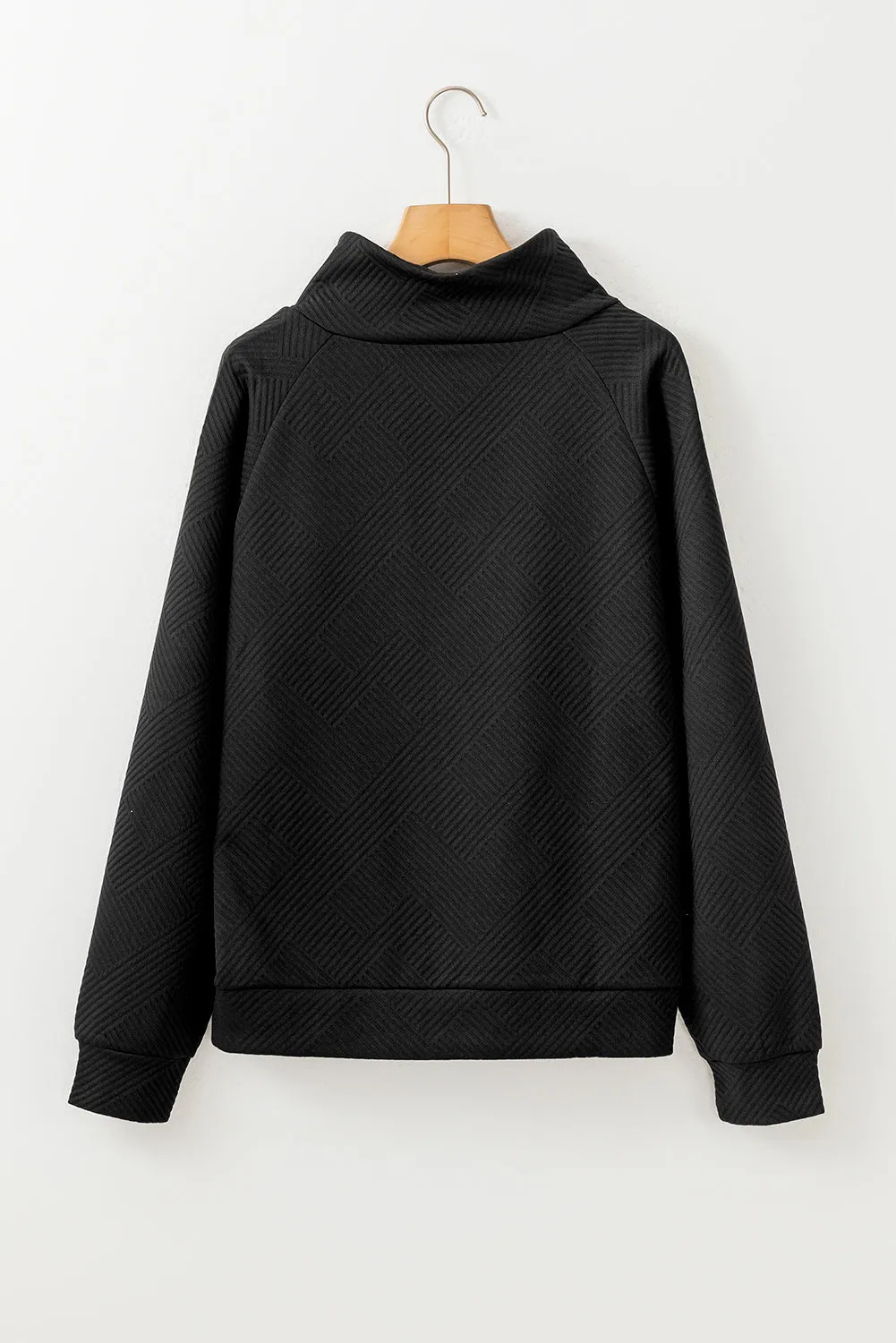 Black Asymmetric Buttons Detail High Neck Textured Sweatshirt