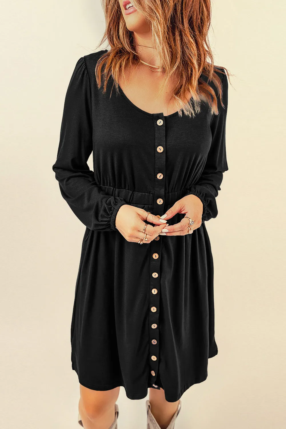 Black Button Up High Waist Long Sleeve Dress