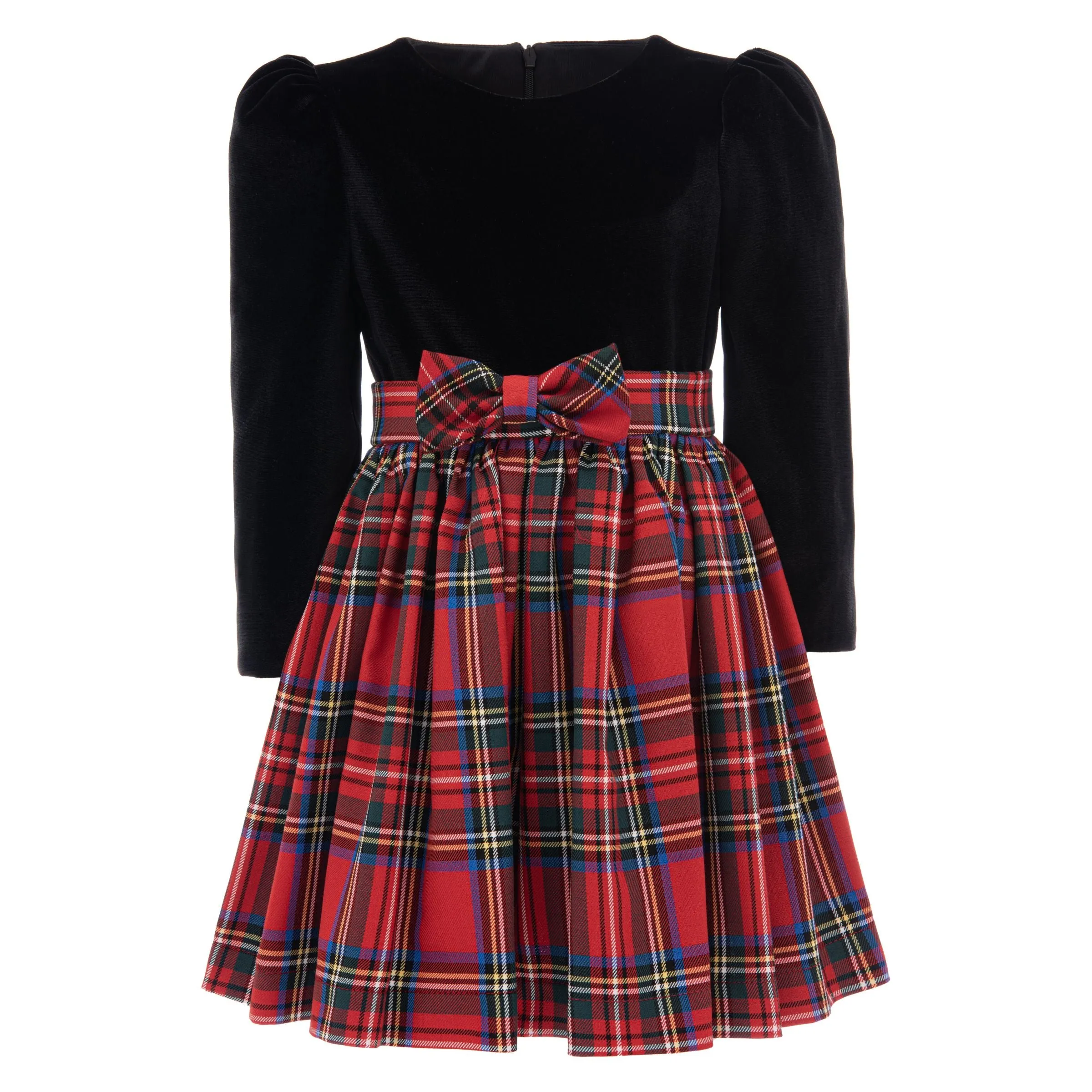 Black Plaid Velvet Bow Dress