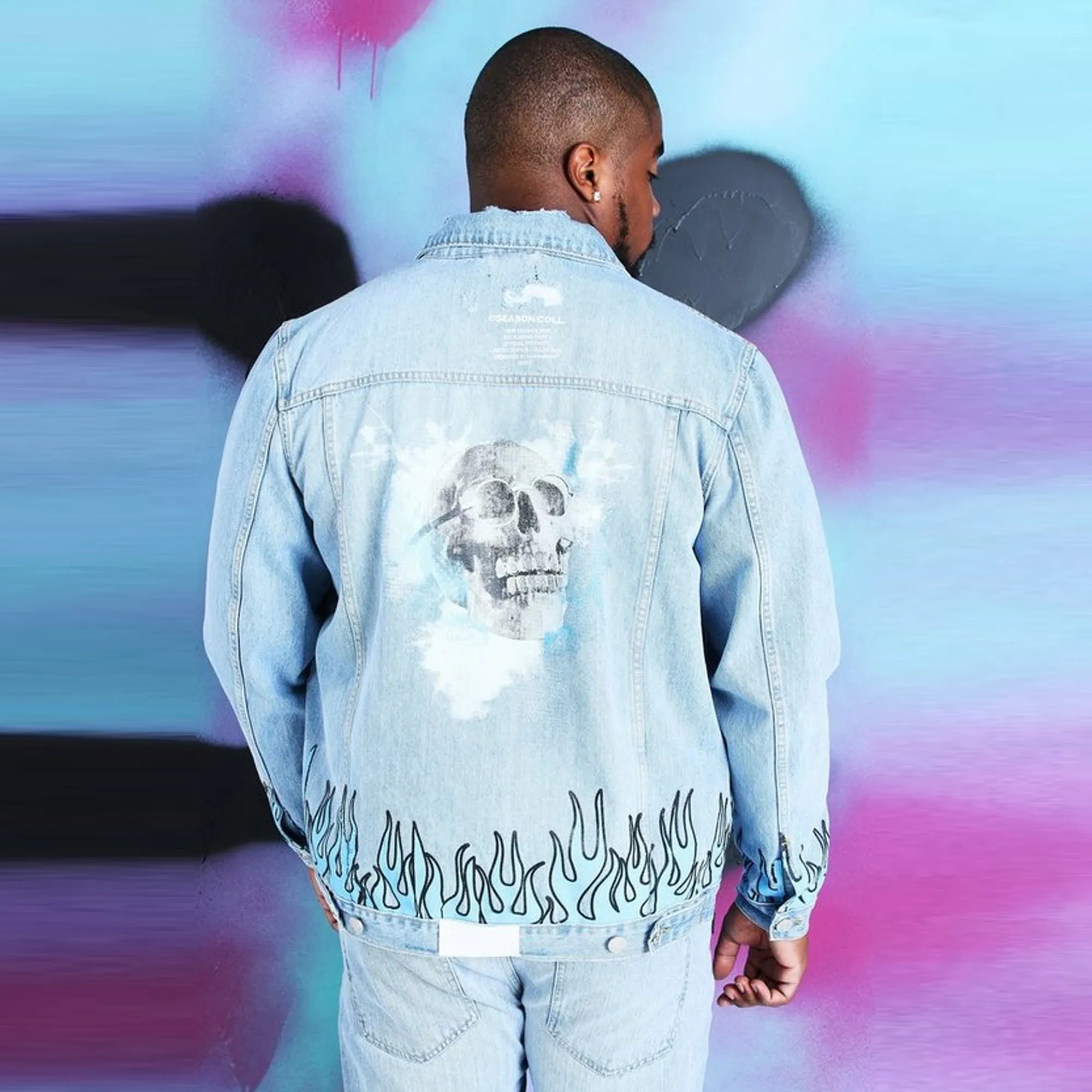 BOOHOO.MAN - Men 'Blue' Quavo Skull and Flame Denim Jacket MN094