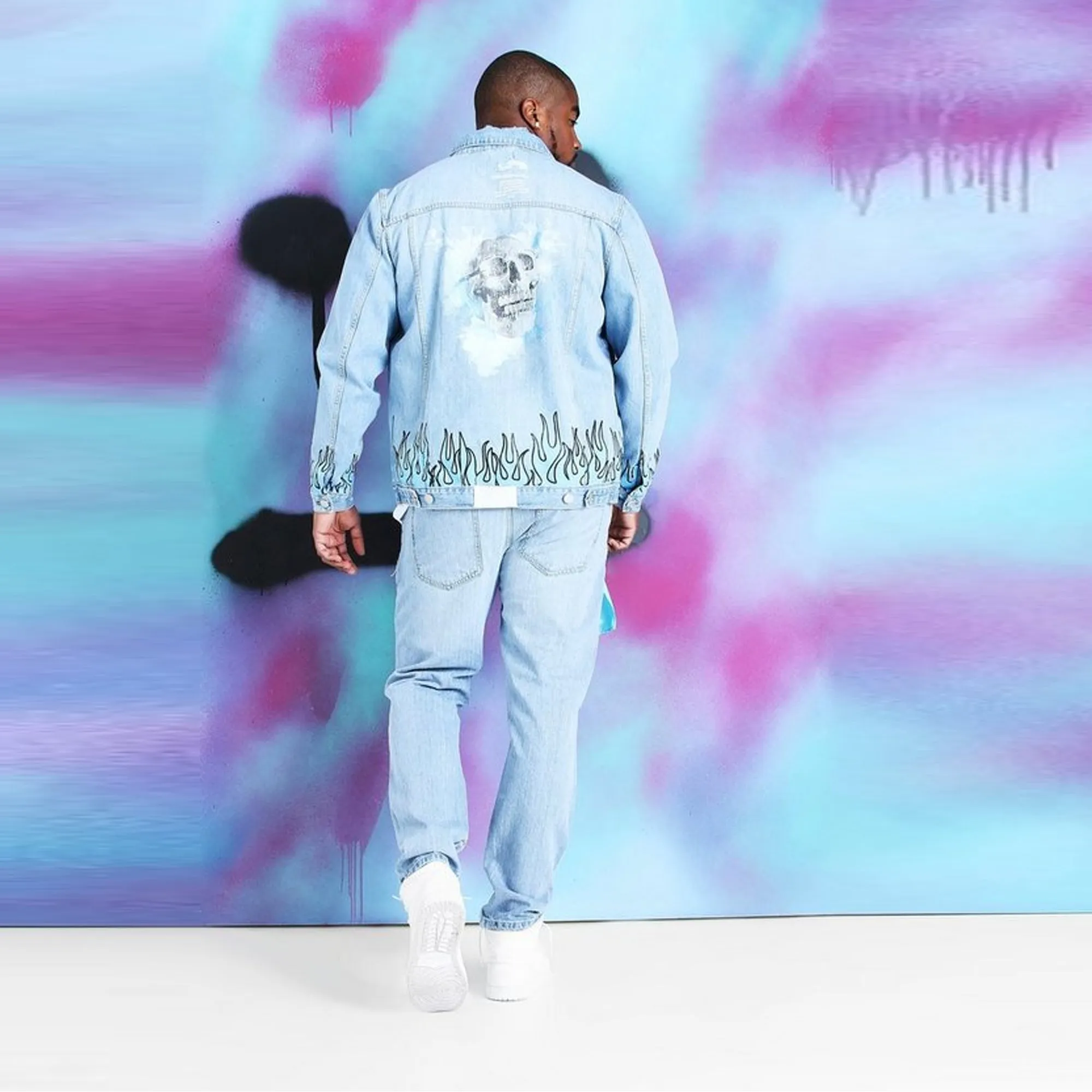 BOOHOO.MAN - Men 'Blue' Quavo Skull and Flame Denim Jacket MN094