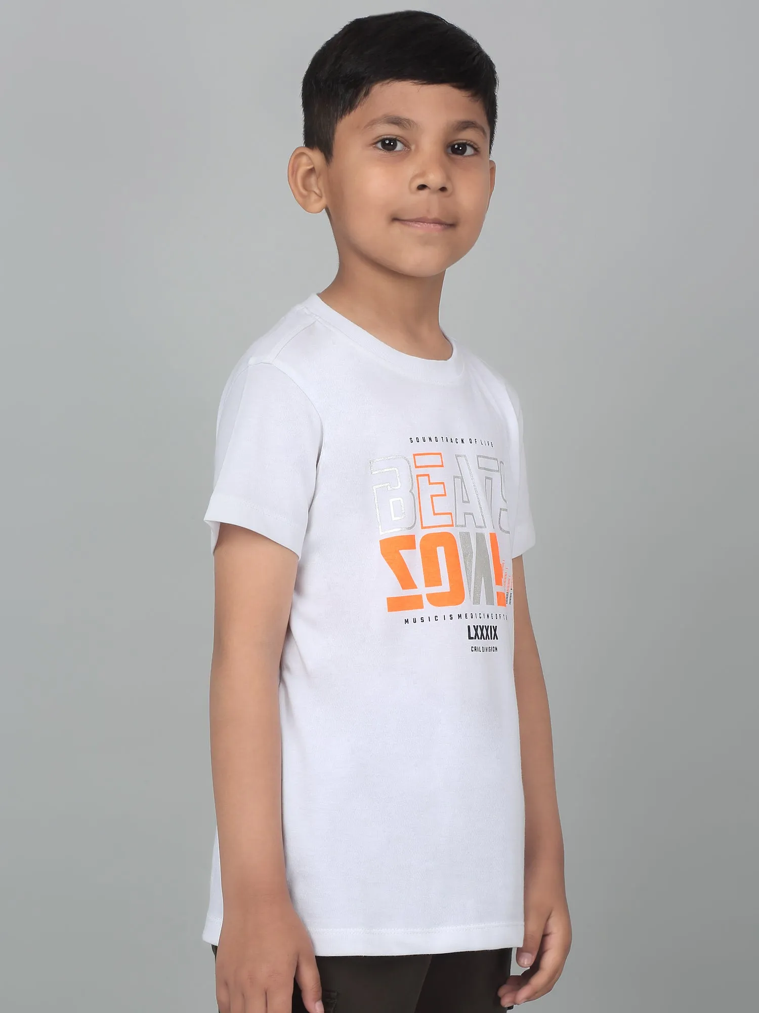 Cantabil Boy's White Printed Half Sleeves T-Shirt