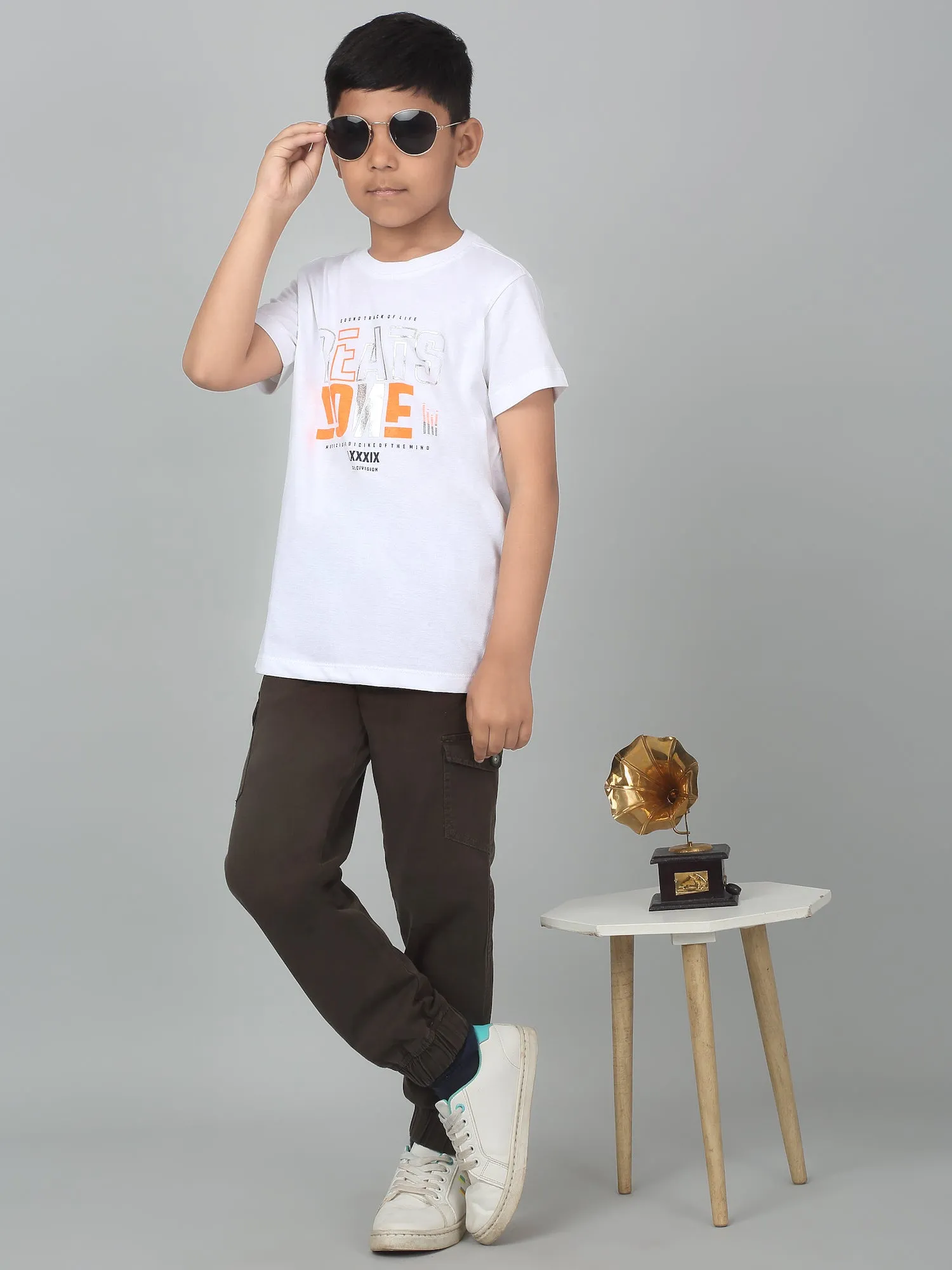 Cantabil Boy's White Printed Half Sleeves T-Shirt