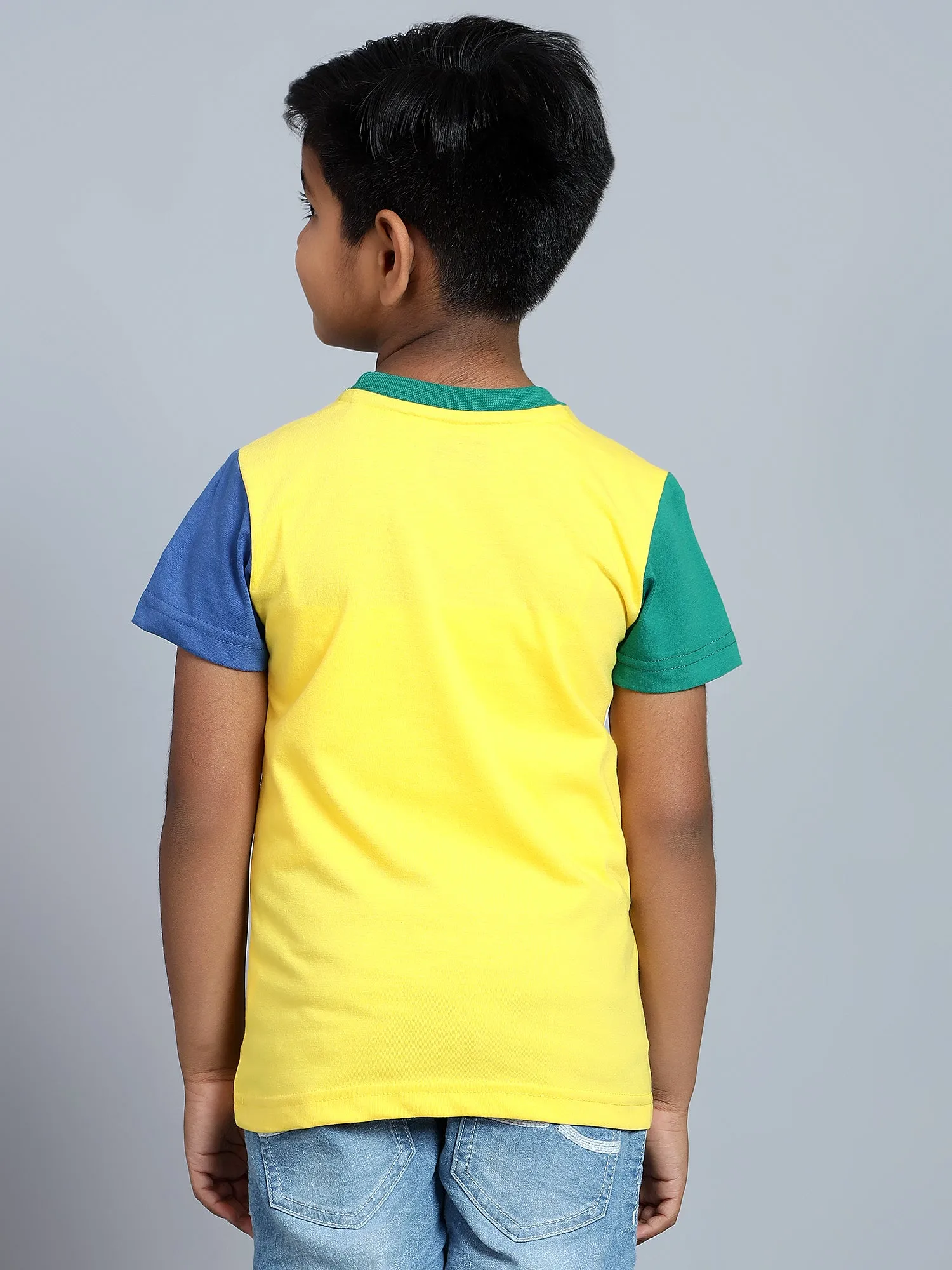 Cantabil Boy's Yellow Color Block Round Neck T-shirt