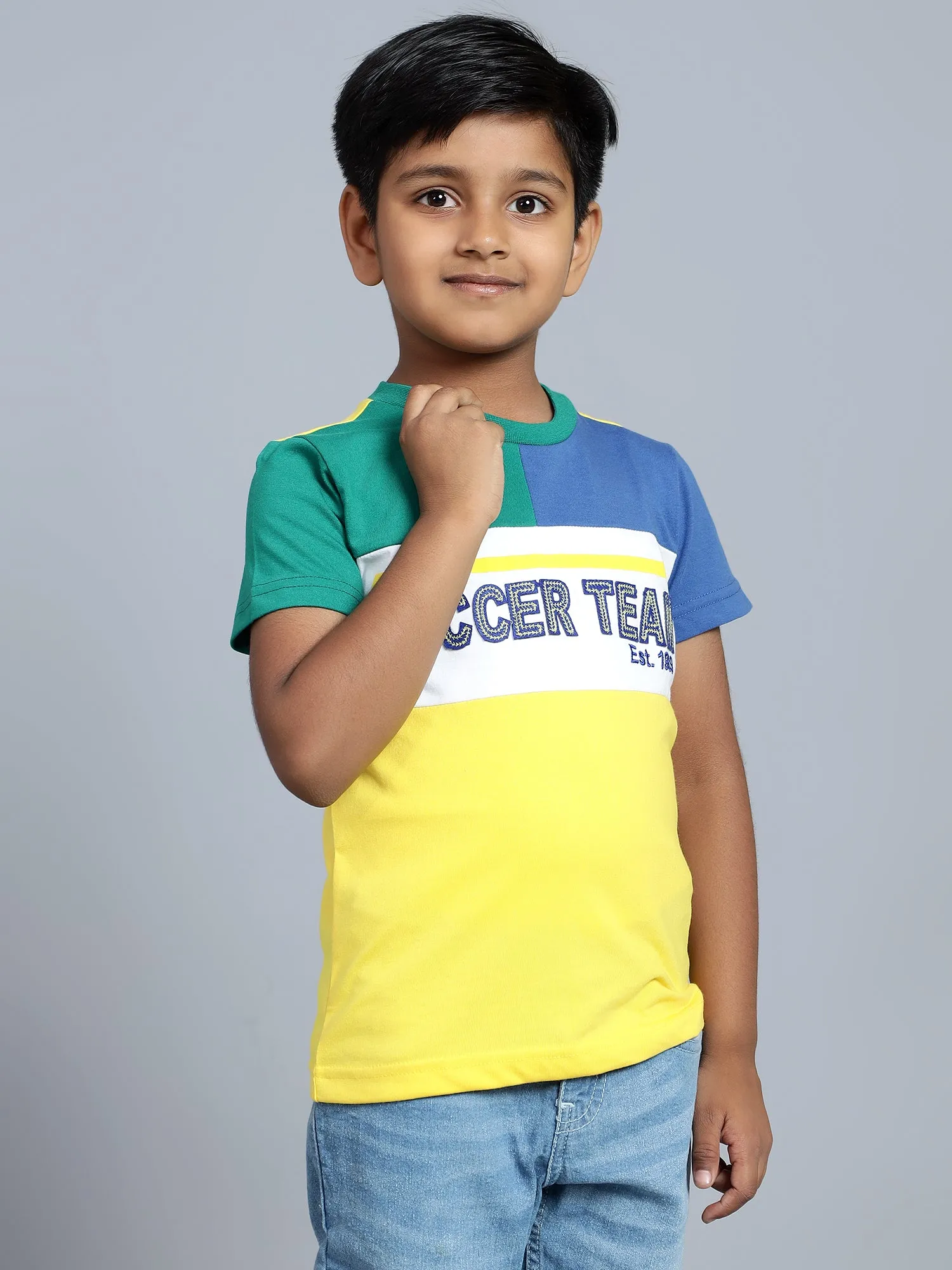 Cantabil Boy's Yellow Color Block Round Neck T-shirt