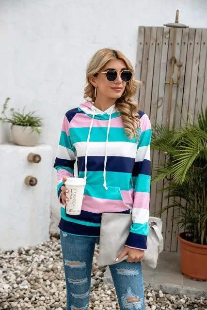 Casual Loose Ladies Pullovers  with Pocket and Hooded Top