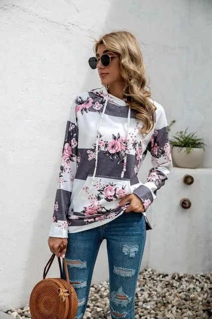 Casual Loose Ladies Pullovers  with Pocket and Hooded Top