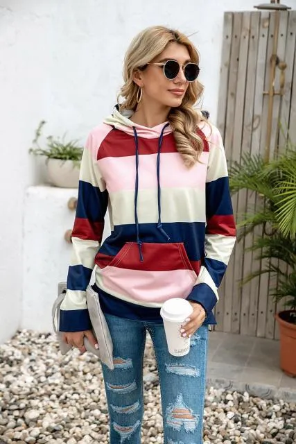 Casual Loose Ladies Pullovers  with Pocket and Hooded Top