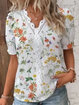 Casual V Neck Lace Hollow Out Shirt Blouse Office Lady Summer Elegant Floral Print Short Sleeve Shirts For Women White Tops