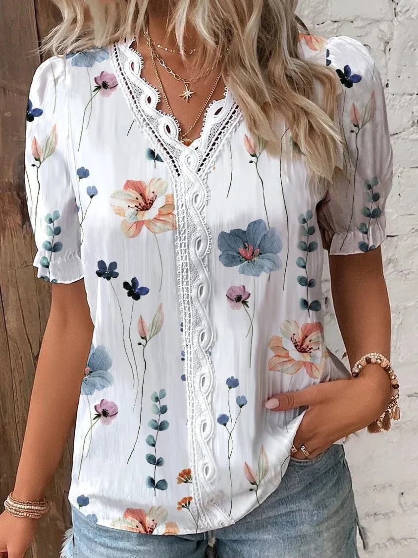 Casual V Neck Lace Hollow Out Shirt Blouse Office Lady Summer Elegant Floral Print Short Sleeve Shirts For Women White Tops