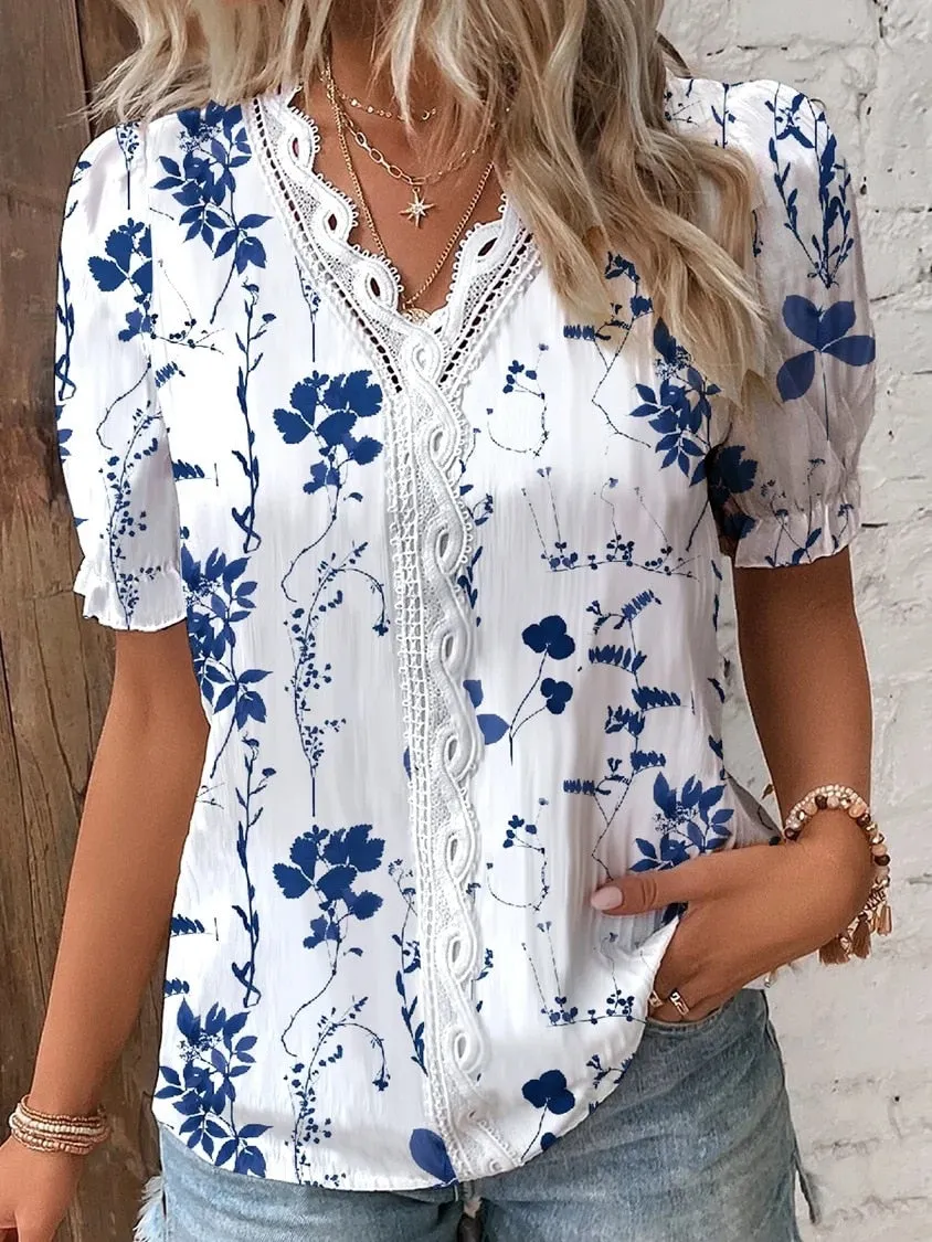 Casual V Neck Lace Hollow Out Shirt Blouse Office Lady Summer Elegant Floral Print Short Sleeve Shirts For Women White Tops