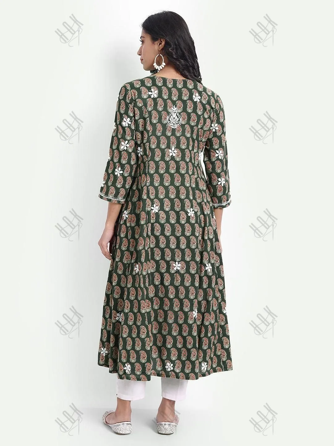 Chikankari Hand embroidery Round neck Dress in Cotton Brown