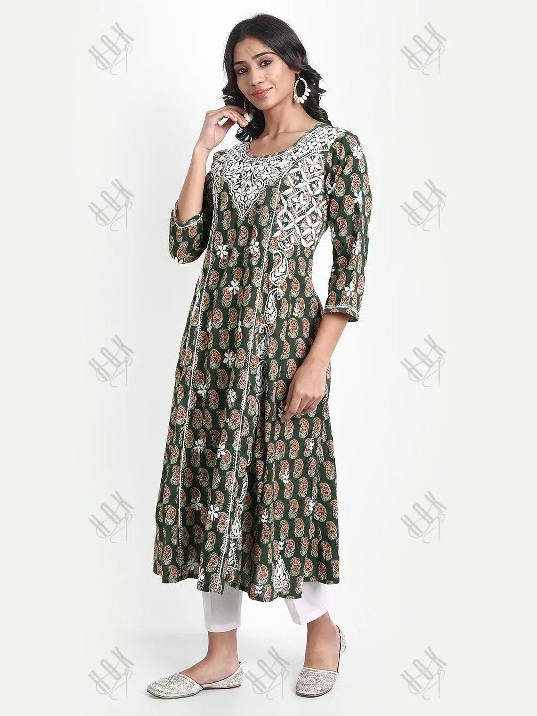 Chikankari Hand embroidery Round neck Dress in Cotton Brown