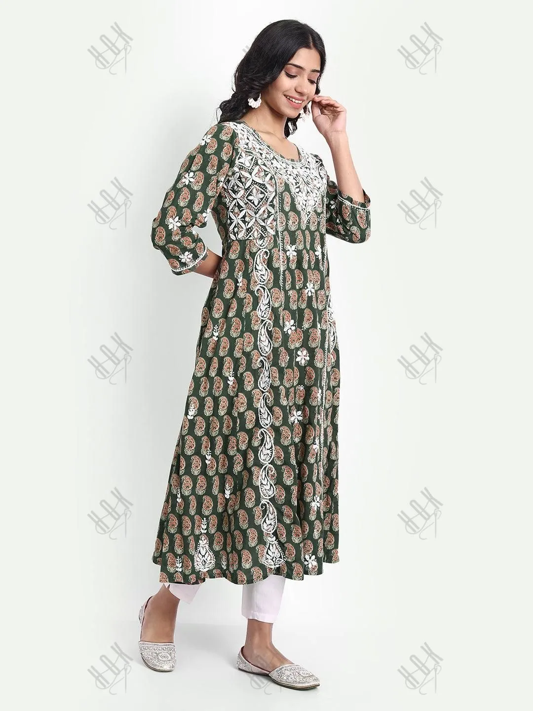 Chikankari Hand embroidery Round neck Dress in Cotton Brown