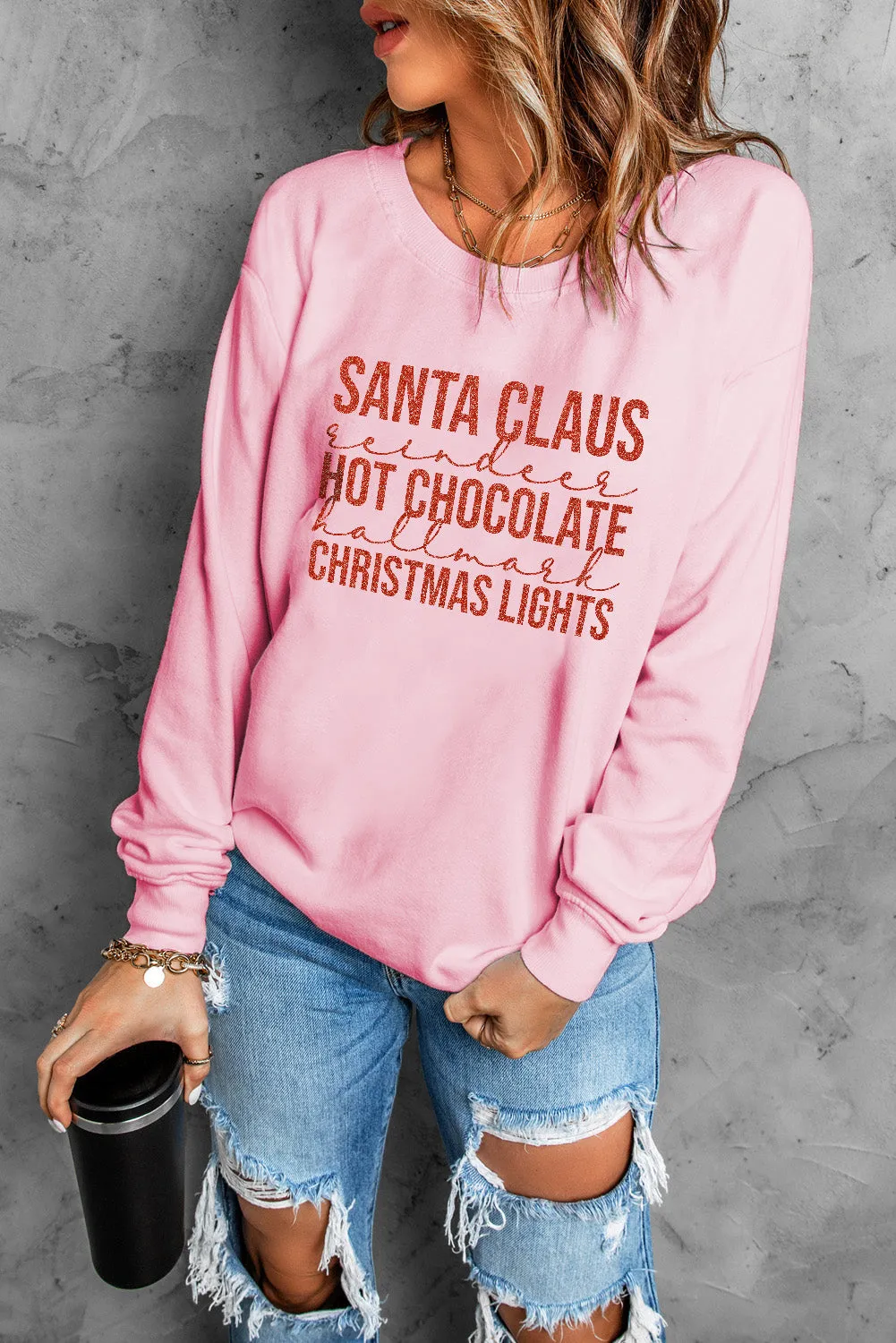 Christmas Glitter Letter Print Graphic Pullover Sweatshirt