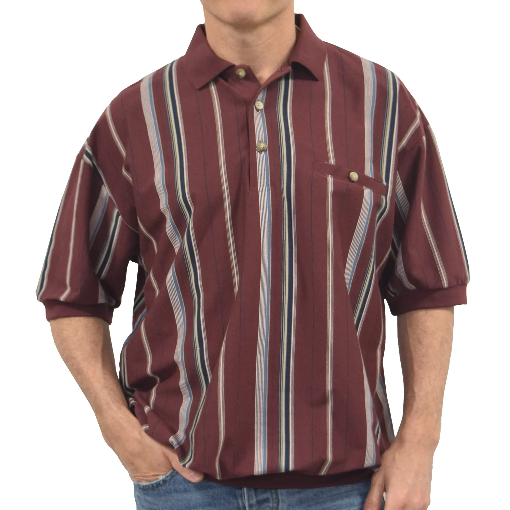 Classics By Palmland Vertical Short Sleeve Banded Bottom Shirt 6090-V1 Burgundy