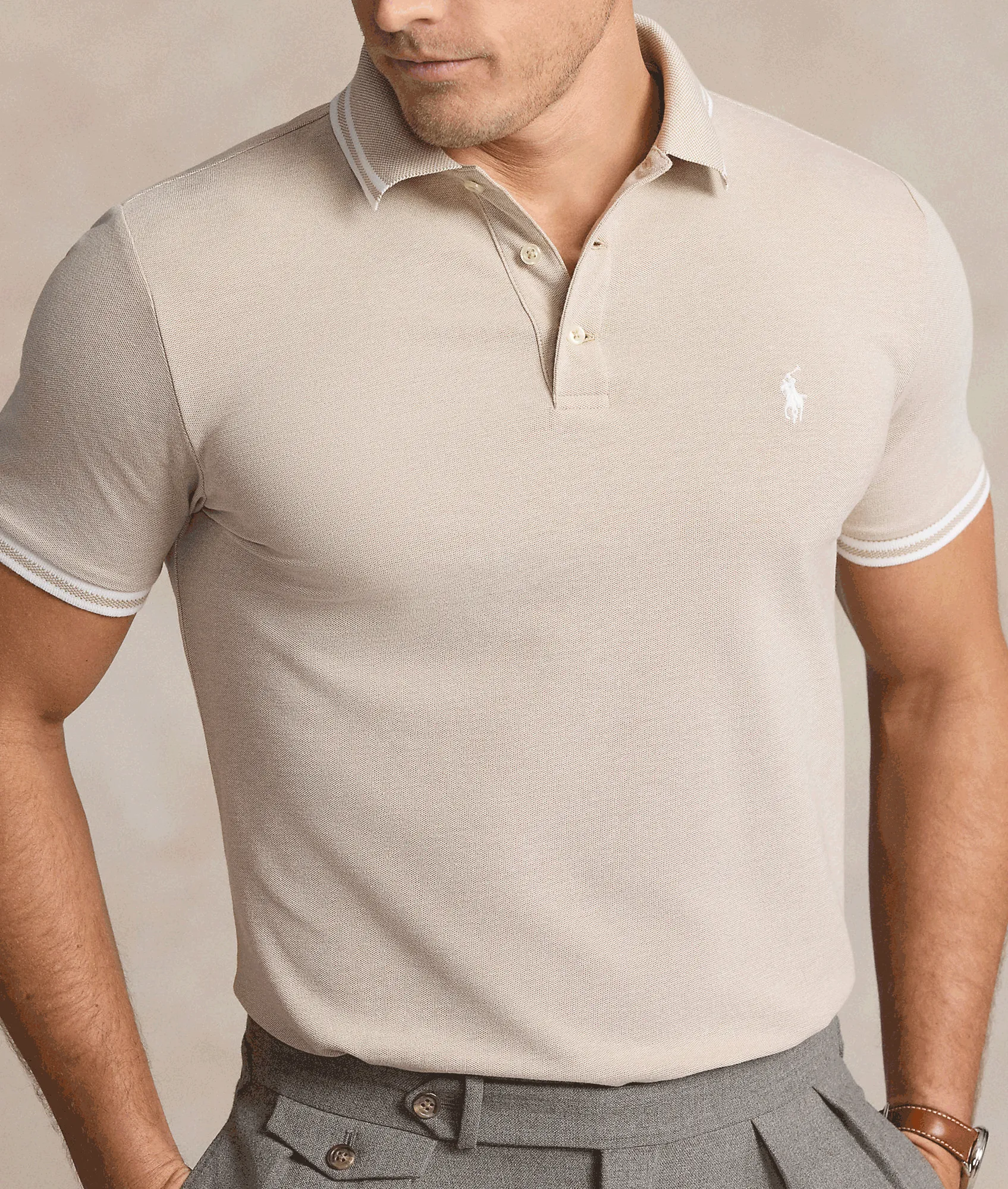 Custom Slim Fit Stretch Mesh Polo Shirt - Beige