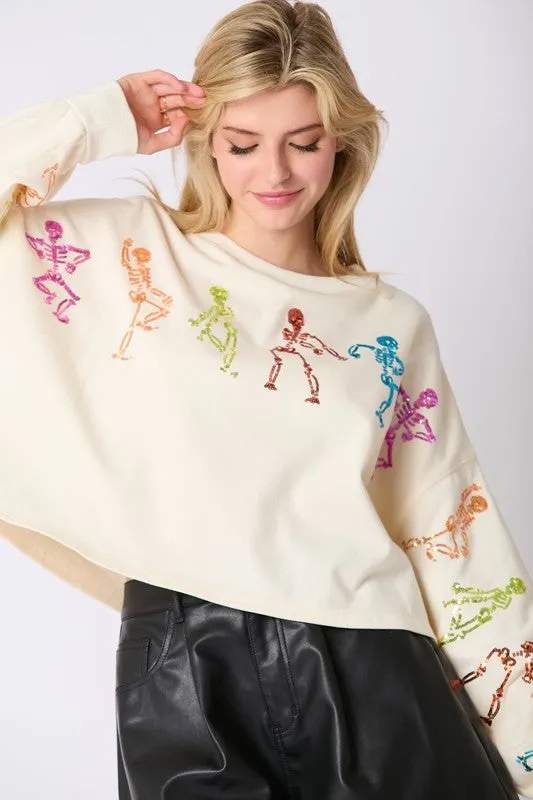 Dancing Skeletons Sequins Embroidery Sweatshirt