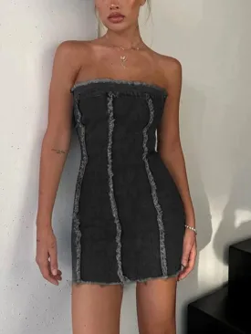 Denim Raw Edge Splice Bandeau Mini Dress