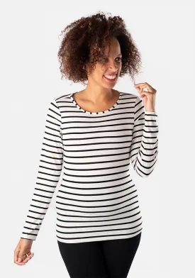 Ecru & Black Stripe Long Sleeve Round Neck Top