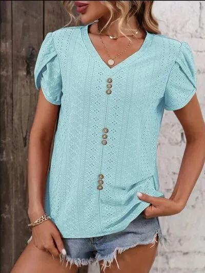 Eyelet V-Neck Petal Sleeve T-Shirt